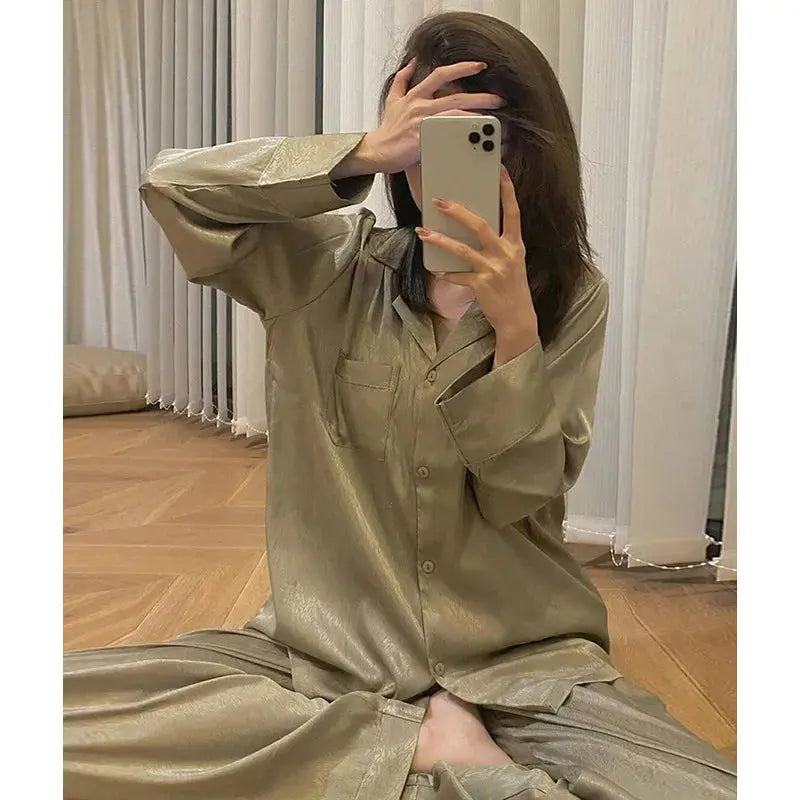 High Quality Ice Silk Light Luxury Pajamas Women's Pajama Spring and Autumn Style Long Sleeve Home Set Satin Nightwear Sleepwear Vicsxox