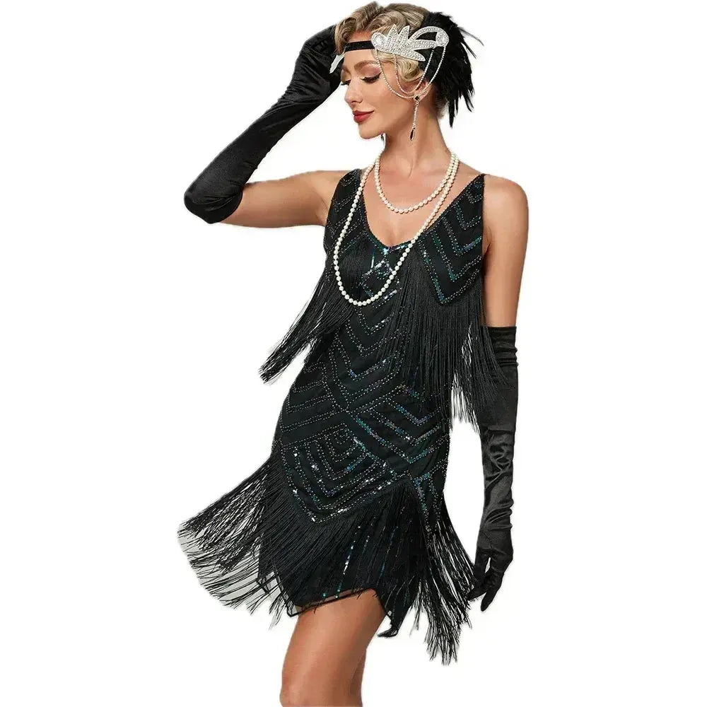 1920s Flapper Dress - Sequin Beaded Gatsby Fringe Mini - Plus Size Femstylo