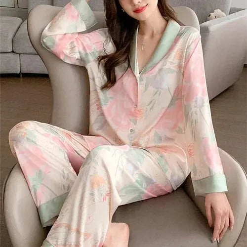 High Quality Ice Silk Light Luxury Pajamas Women's Pajama Spring and Autumn Style Long Sleeve Home Set Satin Nightwear Sleepwear Vicsxox