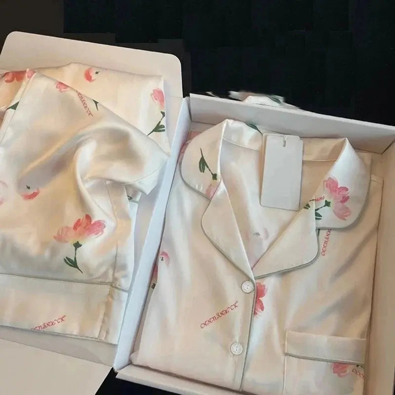 High Quality Ice Silk Light Luxury Pajamas Women's Pajama Spring and Autumn Style Long Sleeve Home Set Satin Nightwear Sleepwear Vicsxox