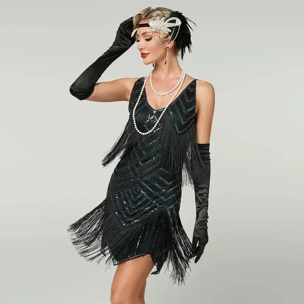 1920s Flapper Dress - Sequin Beaded Gatsby Fringe Mini - Vicsxox
