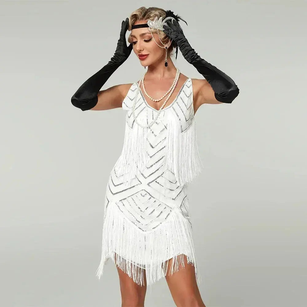 1920s Flapper Dress - Sequin Beaded Gatsby Fringe Mini - Plus Size Femstylo