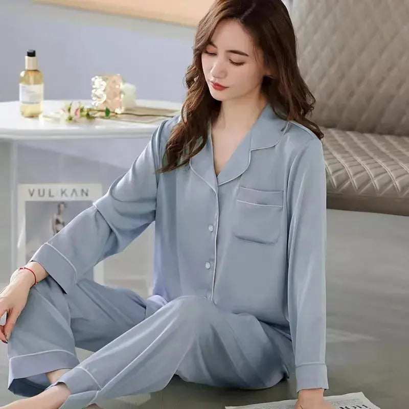 High Quality Ice Silk Light Luxury Pajamas Women's Pajama Spring and Autumn Style Long Sleeve Home Set Satin Nightwear Sleepwear Vicsxox