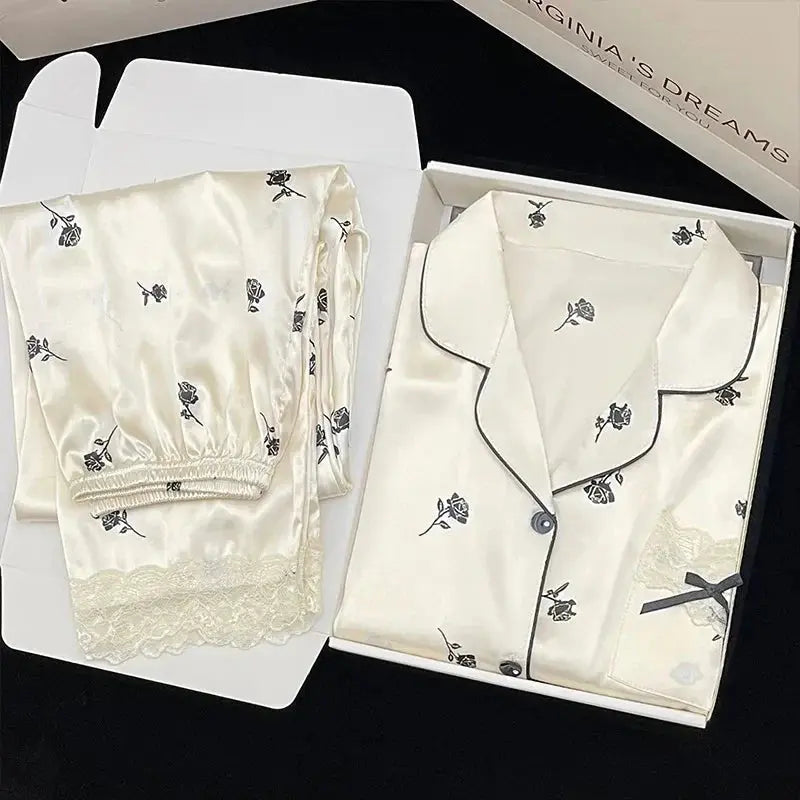 High Quality Ice Silk Light Luxury Pajamas Women's Pajama Spring and Autumn Style Long Sleeve Home Set Satin Nightwear Sleepwear Vicsxox