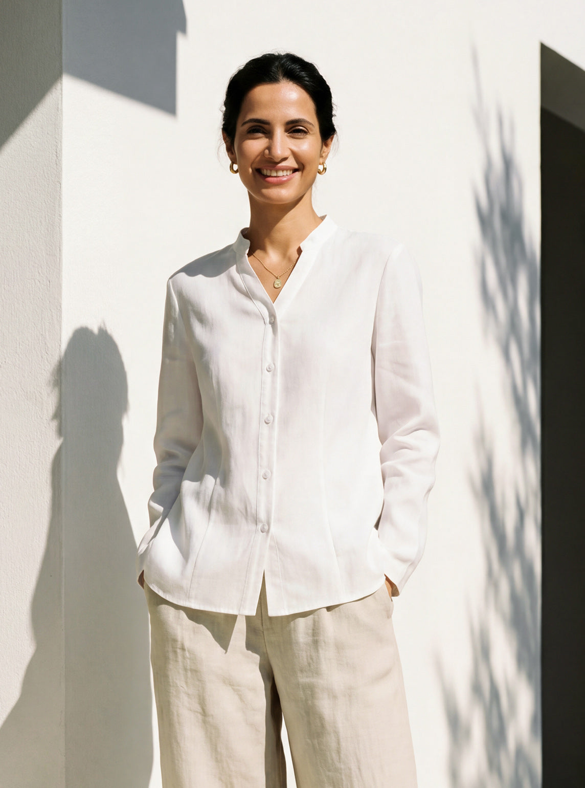 LINTICO THORA Linen–Lyocell Mandarin Collar Shirt