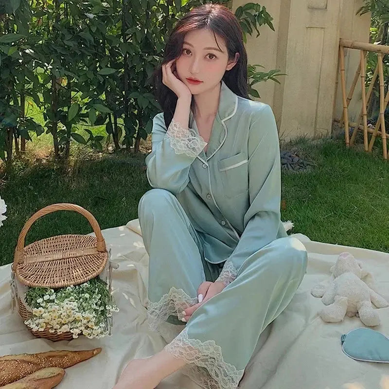 High Quality Ice Silk Light Luxury Pajamas Women's Pajama Spring and Autumn Style Long Sleeve Home Set Satin Nightwear Sleepwear Vicsxox