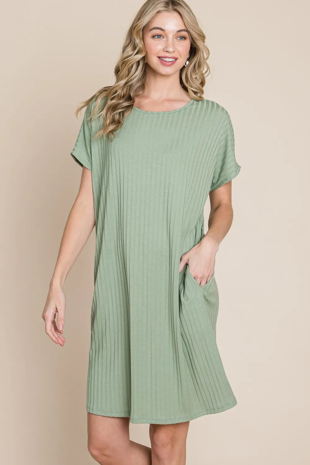 Sage Ribbed Round Neck Short Sleeve Dress Vicsxox.com