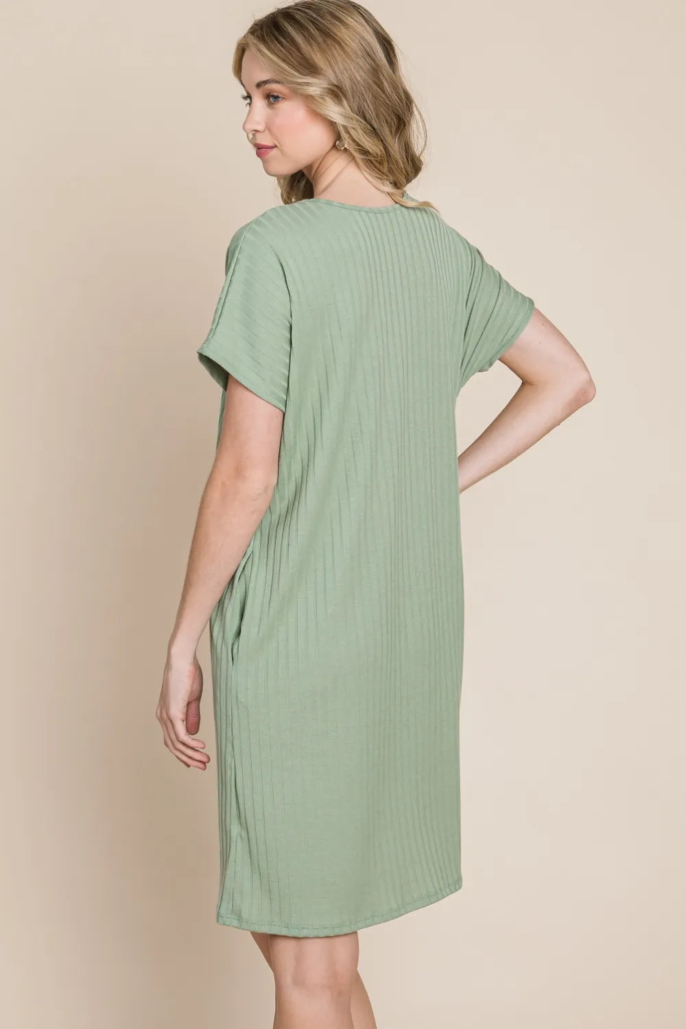 Sage Ribbed Round Neck Short Sleeve Dress Vicsxox.com