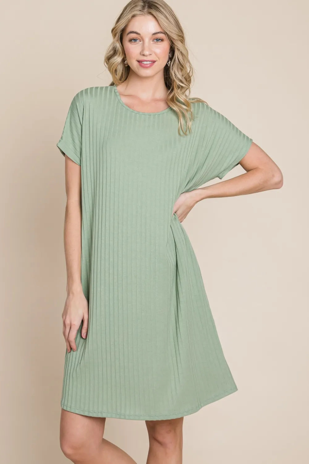 Sage Ribbed Round Neck Short Sleeve Dress Vicsxox.com