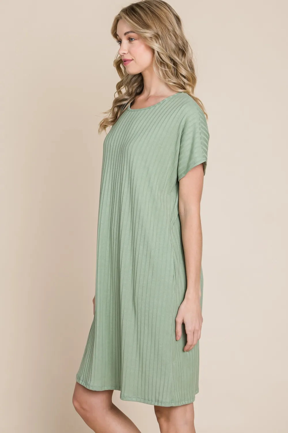 Sage Ribbed Round Neck Short Sleeve Dress Vicsxox.com