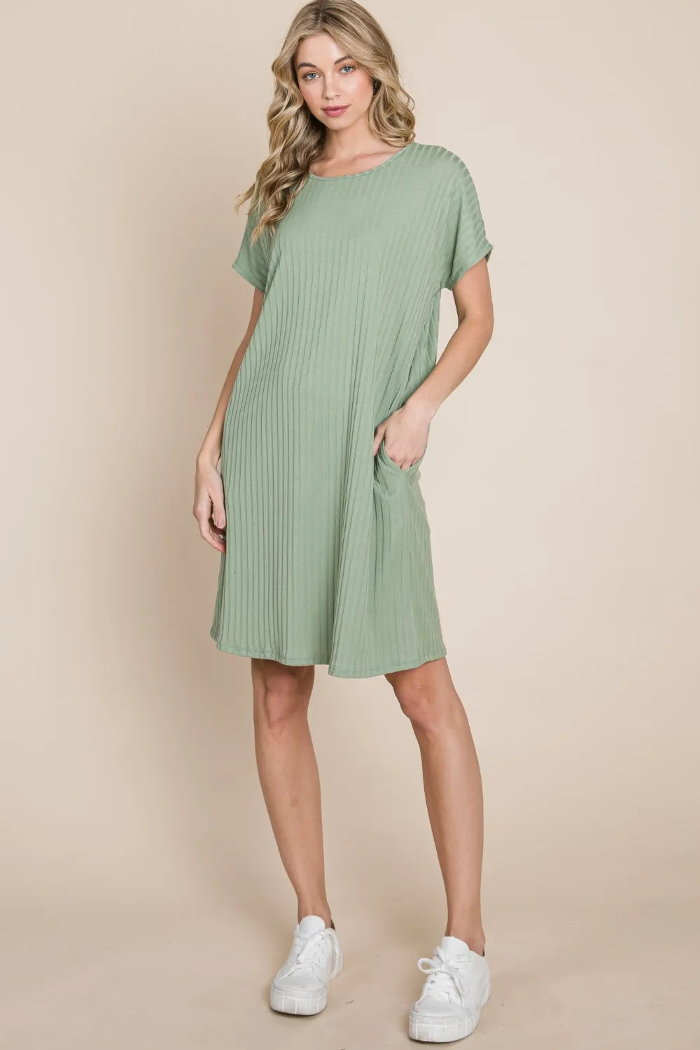 Sage Ribbed Round Neck Short Sleeve Dress Vicsxox.com