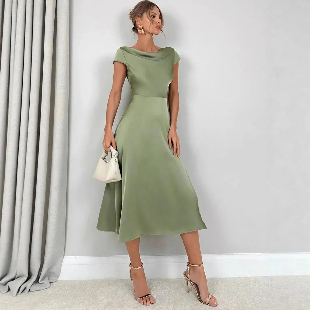 Satin split cowl neck midi dress in green, front view