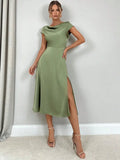 Satin split cowl neck midi dress backless detail