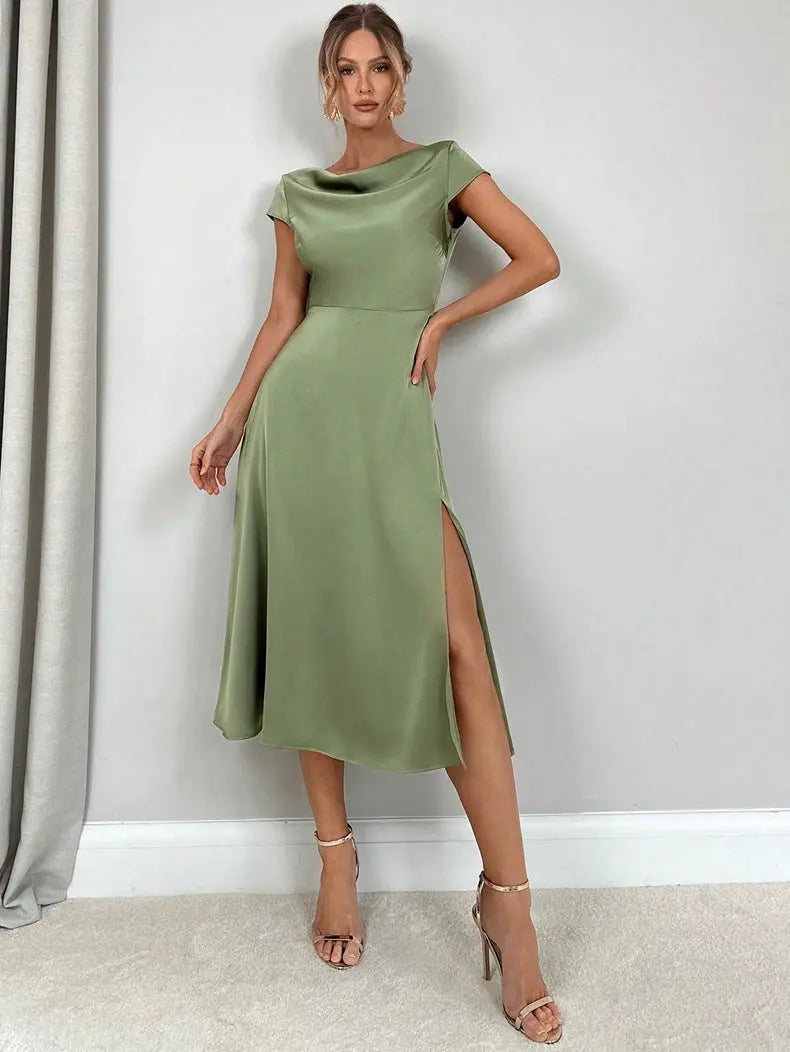 Satin split cowl neck midi dress backless detail