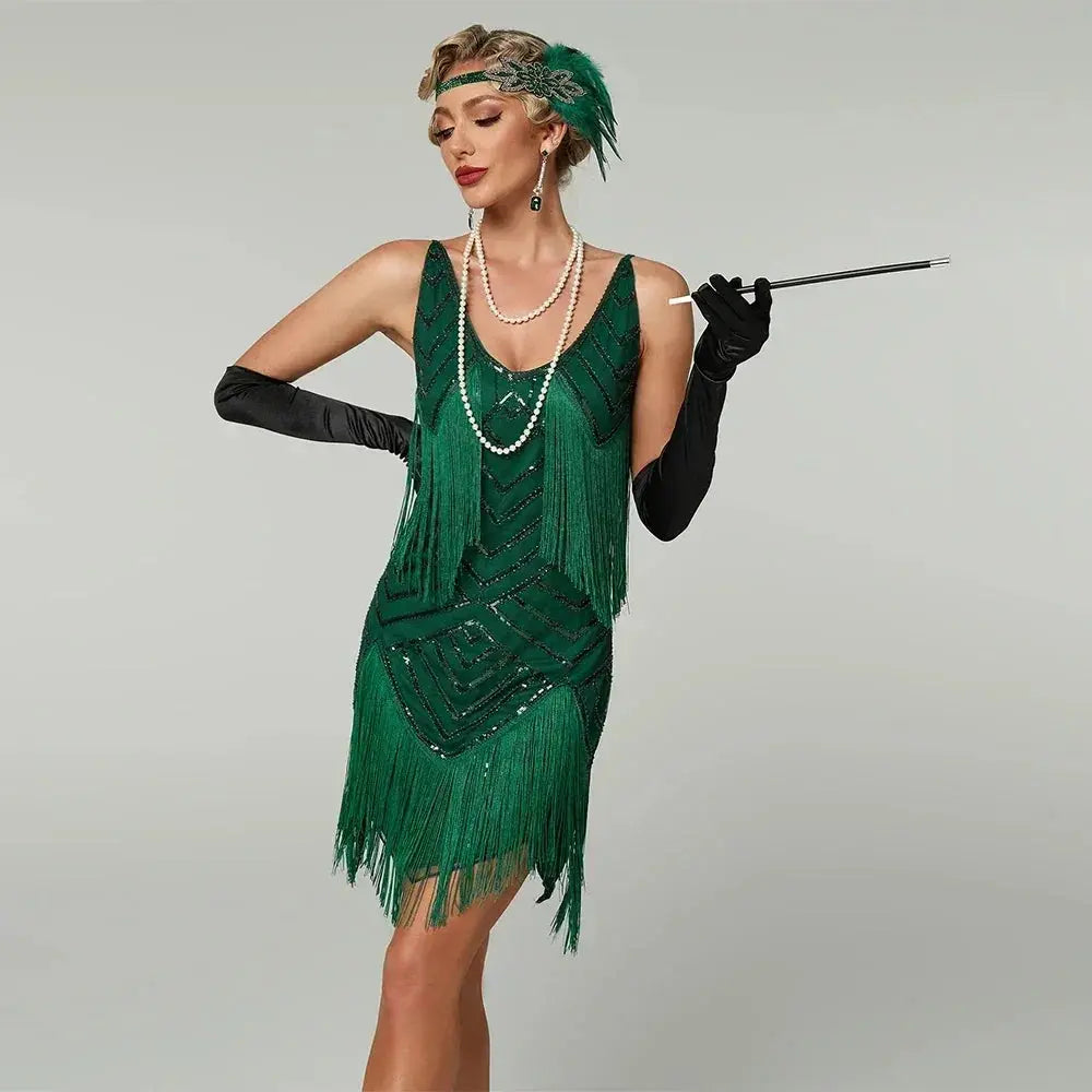 1920s Flapper Dress - Sequin Beaded Gatsby Fringe Mini - Plus Size Femstylo