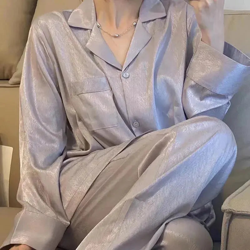 High Quality Ice Silk Light Luxury Pajamas Women's Pajama Spring and Autumn Style Long Sleeve Home Set Satin Nightwear Sleepwear Vicsxox