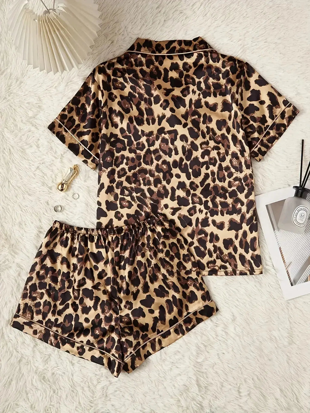 Women's Leopard Print Satin Pajama Set | Short Sleeve Top & Shorts Loungewear Vicsxox
