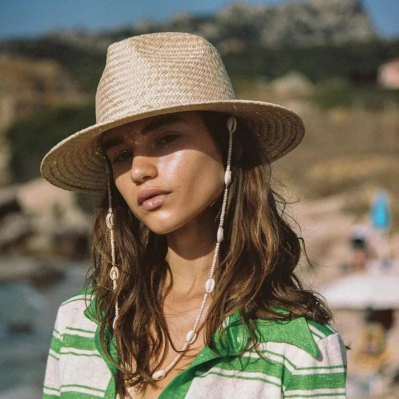 Seashell Beaded Straw Beach Hat – Boho Chain Fedora Sun Hat for Women Vicsxox.com