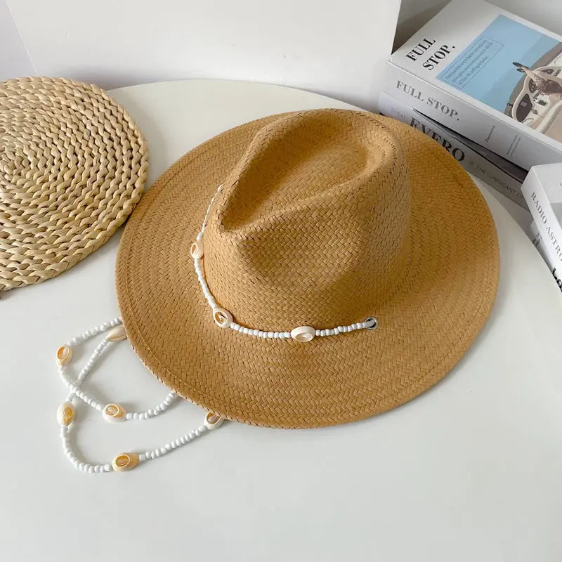 Seashell Beaded Straw Beach Hat – Boho Chain Fedora Sun Hat for Women Vicsxox.com