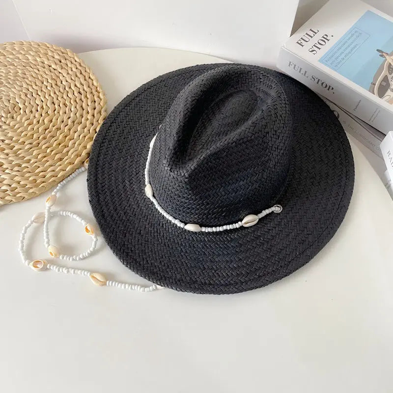 Seashell Beaded Straw Beach Hat – Boho Chain Fedora Sun Hat for Women Vicsxox.com