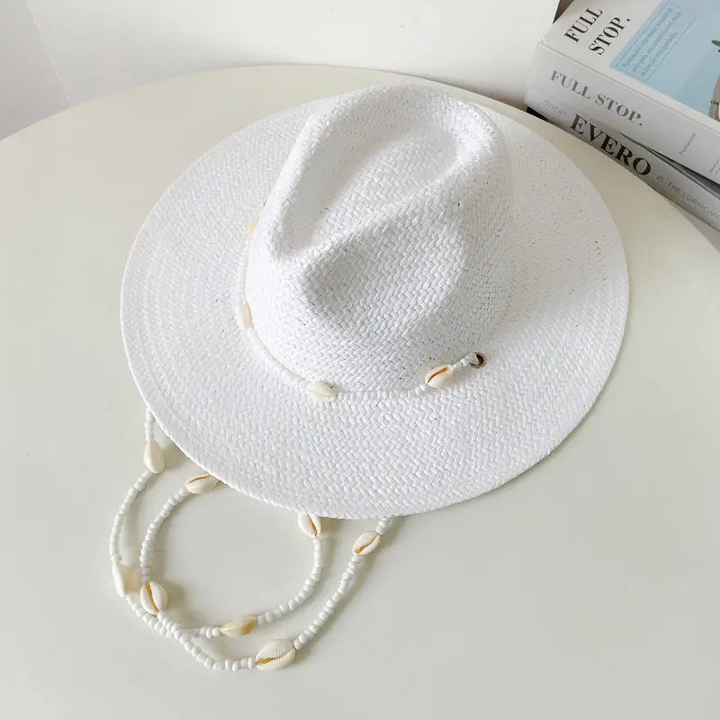 Seashell Beaded Straw Beach Hat – Boho Chain Fedora Sun Hat for Women Vicsxox.com