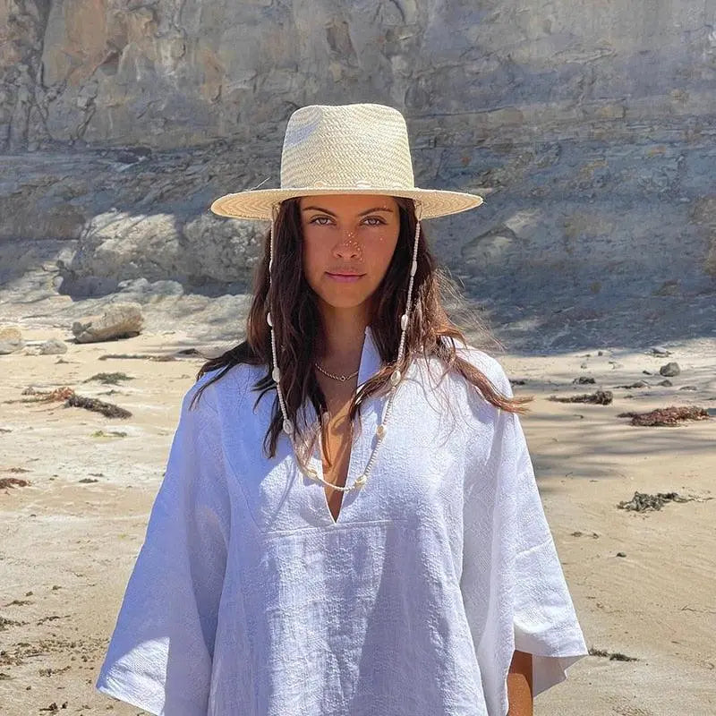 Seashell Beaded Straw Beach Hat – Boho Chain Fedora Sun Hat for Women Vicsxox.com