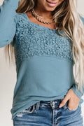 Sky Blue Crochet Lace V-Neck Long Sleeve Top Vicsxox.com