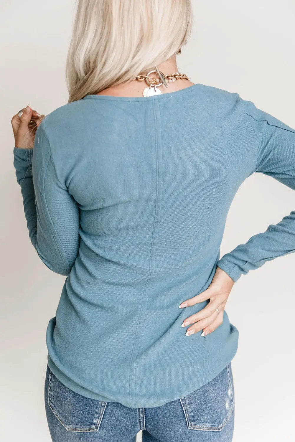 Sky Blue Crochet Lace V-Neck Long Sleeve Top Vicsxox.com
