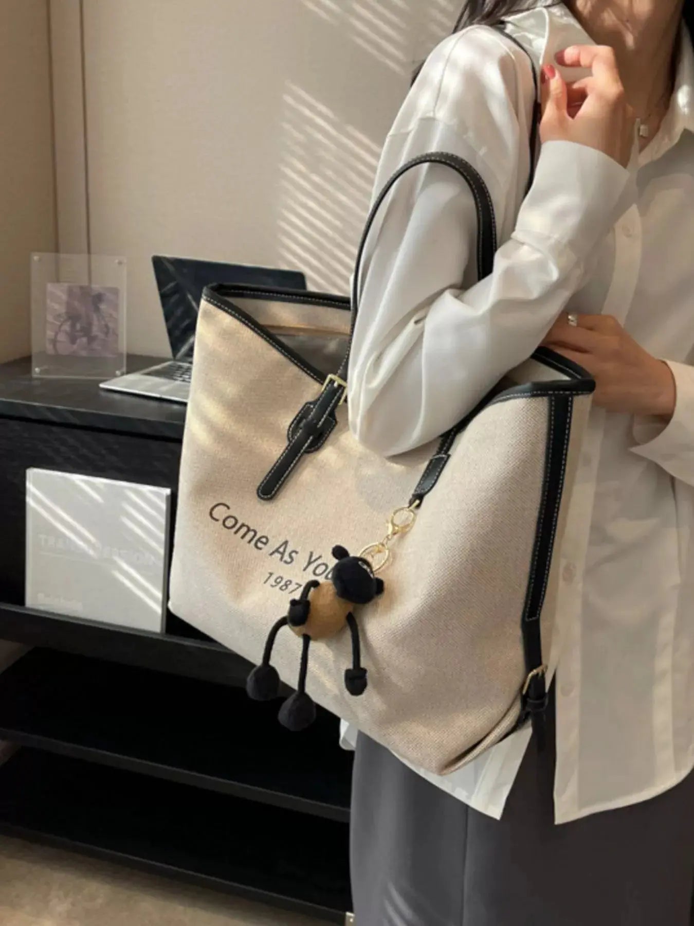 Slogan Canvas Tote Shoulder Bag with Pom-Pom Bear Charm Vicsxox.com