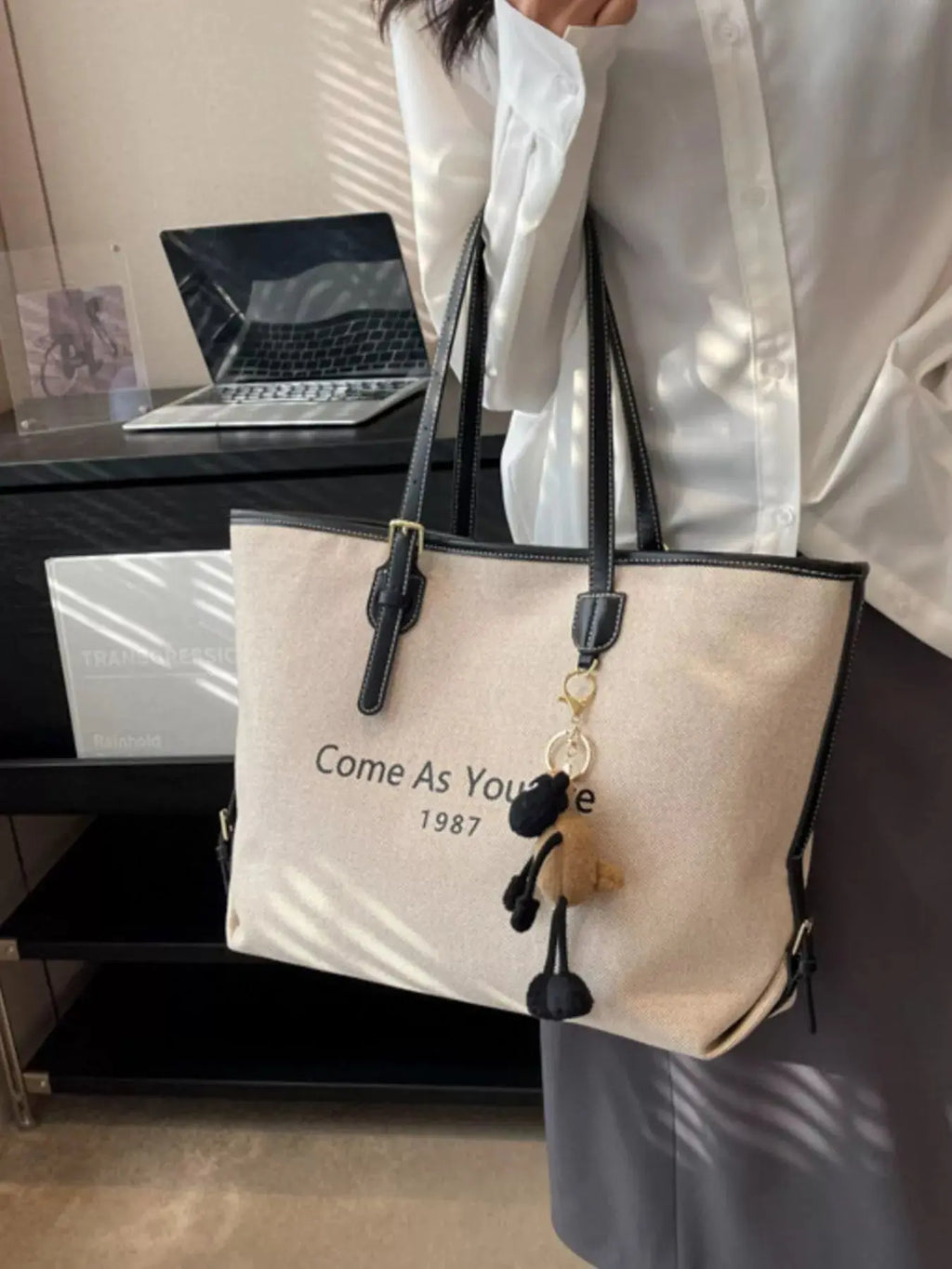 Slogan Canvas Tote Shoulder Bag with Pom-Pom Bear Charm Vicsxox.com