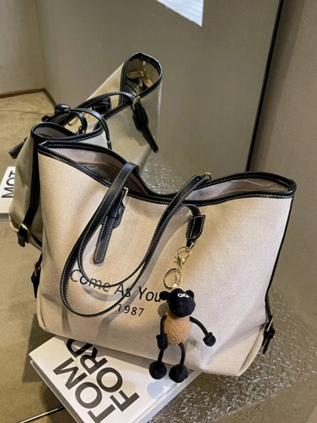 Slogan Canvas Tote Shoulder Bag with Pom-Pom Bear Charm Vicsxox.com