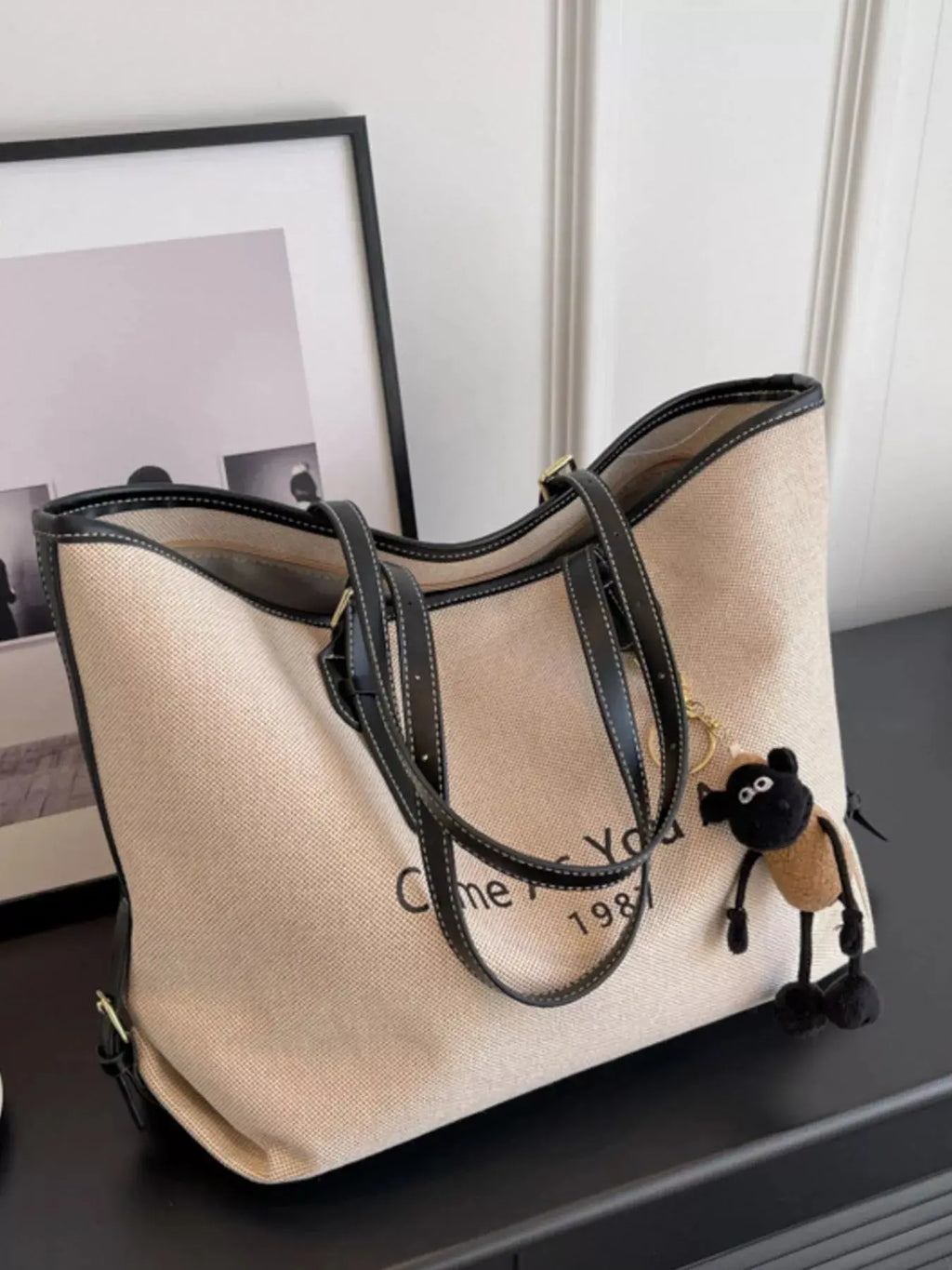 Slogan Canvas Tote Shoulder Bag with Pom-Pom Bear Charm Vicsxox.com