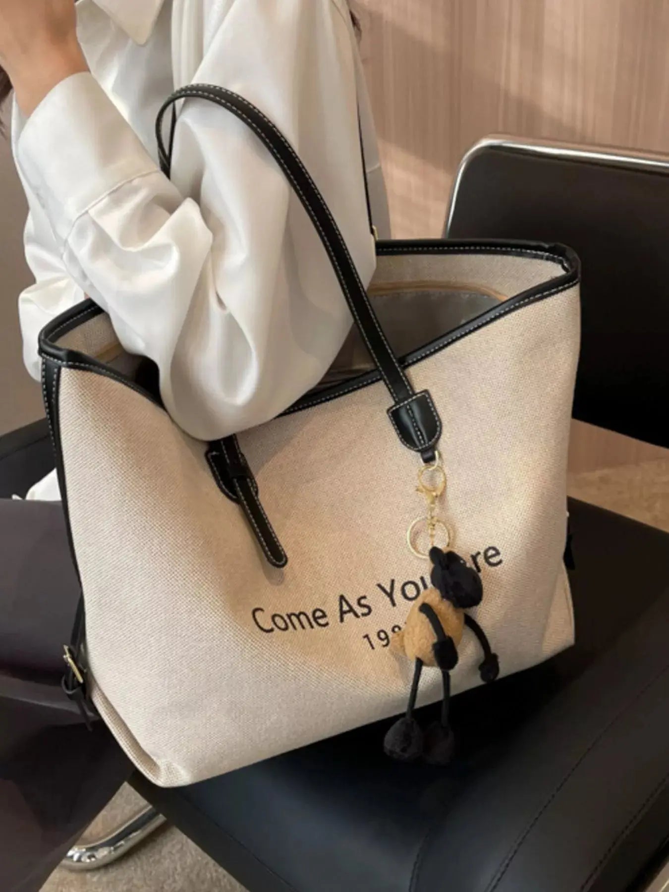 Slogan Canvas Tote Shoulder Bag with Pom-Pom Bear Charm Vicsxox.com