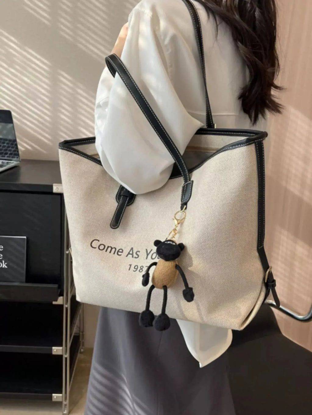 Slogan Canvas Tote Shoulder Bag with Pom-Pom Bear Charm Vicsxox.com