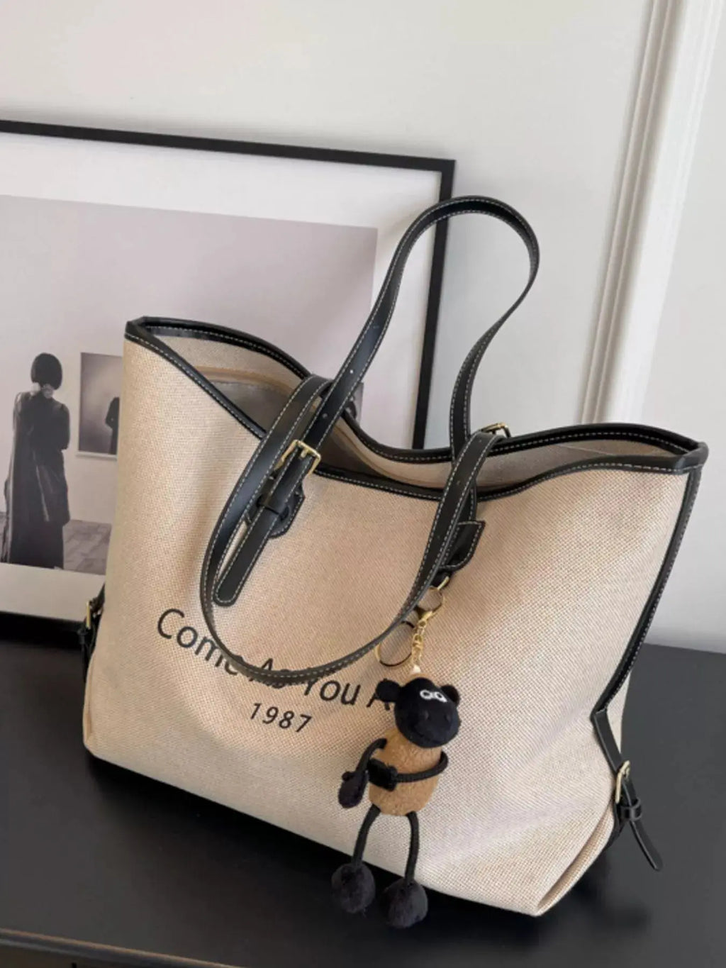 Slogan Canvas Tote Shoulder Bag with Pom-Pom Bear Charm Vicsxox.com