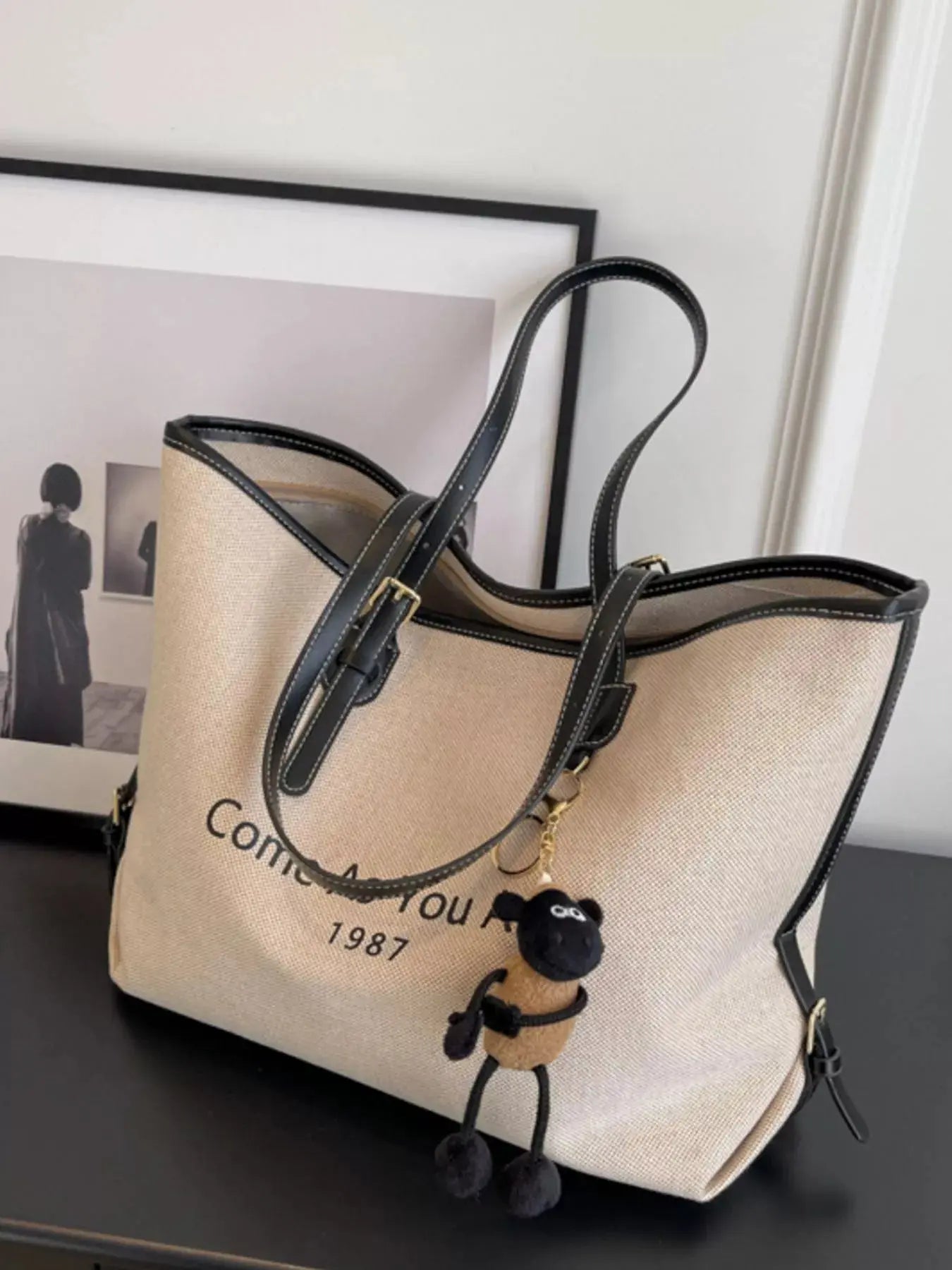 Slogan Canvas Tote Shoulder Bag with Pom-Pom Bear Charm Vicsxox.com