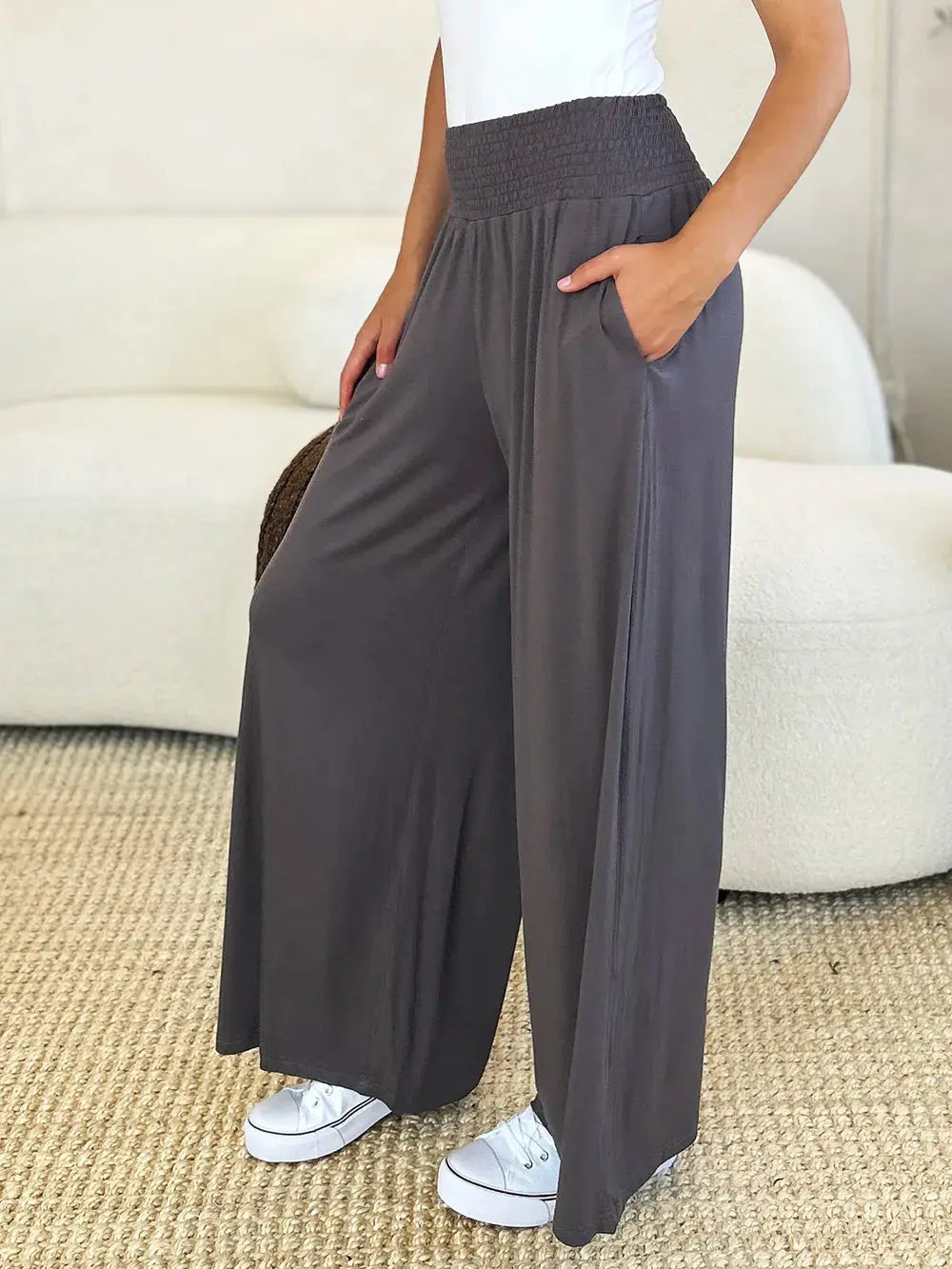 Smocked Wide-Leg Pants | Soft Flowy Trousers S–3XL Vicsxox.com