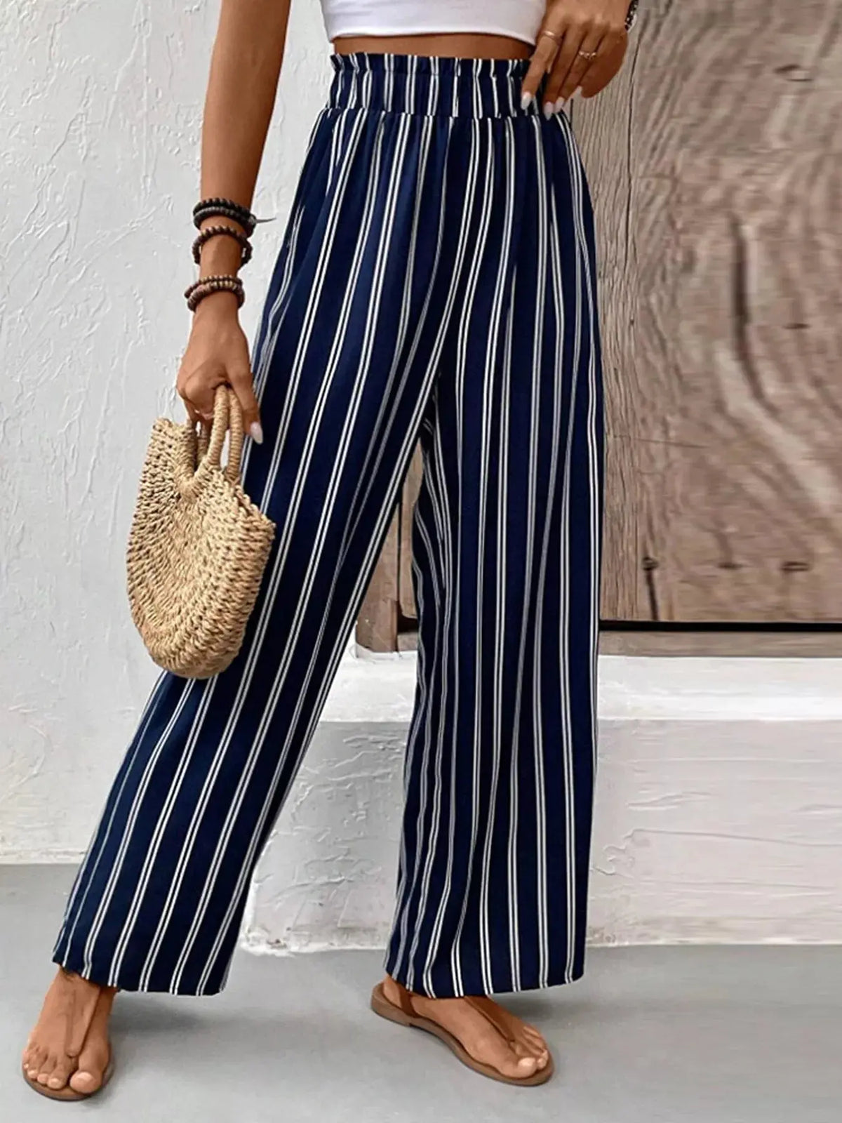 Striped Wide-Leg Pants | Elastic Waist Coastal Trousers Vicsxox.com