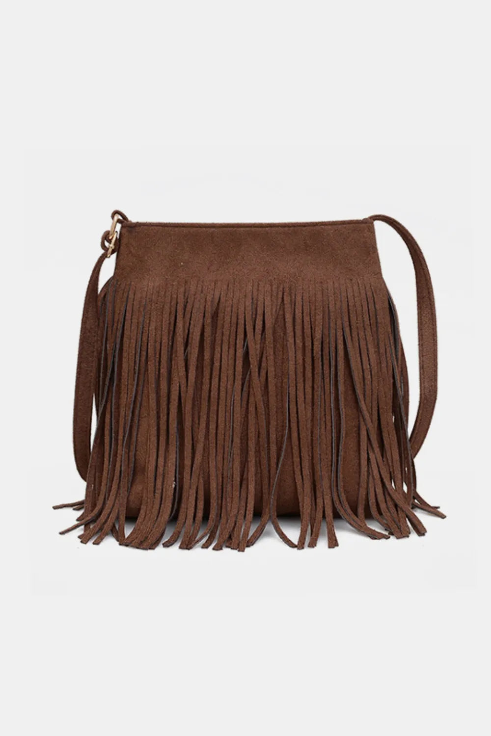 Brown suede handbag with fringe details on a light gray background. Vicsxox.com
