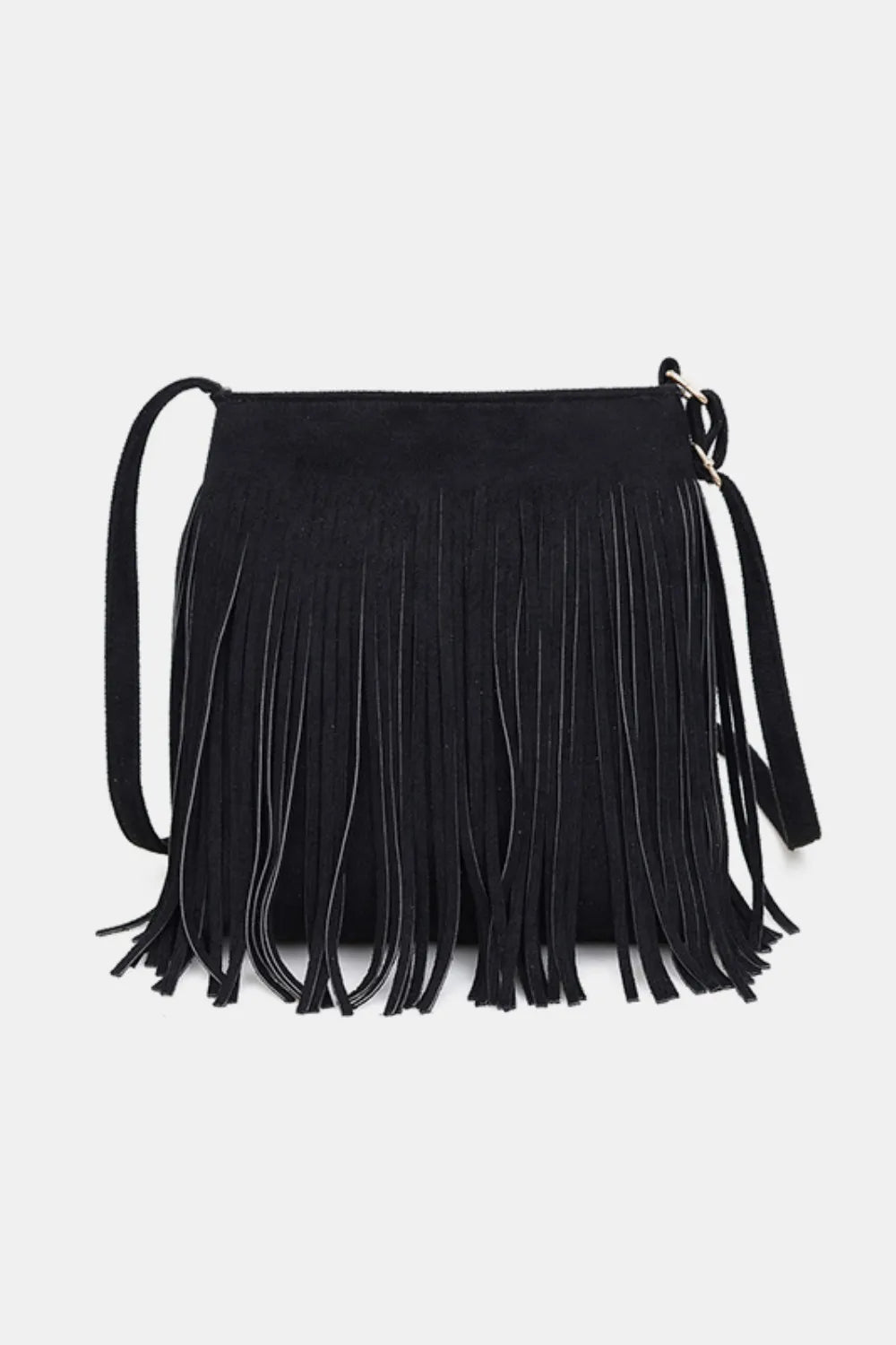 Black fringe handbag on a white background. Vicsxox.come