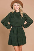 Swiss Dot Smocked Neck Mini Dress with Pockets detail Vicsxox.com