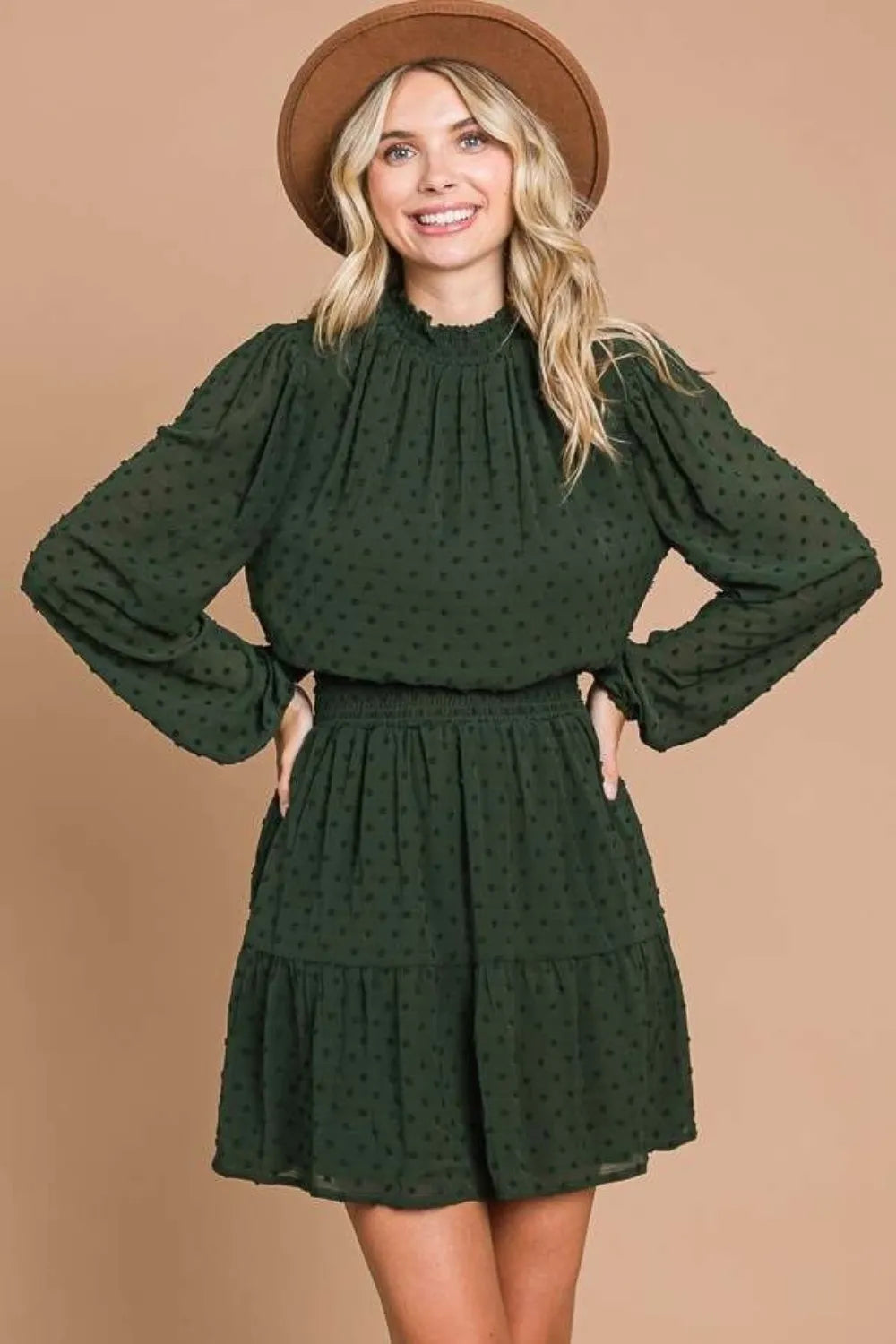 Swiss Dot Smocked Neck Mini Dress with Pockets detail Vicsxox.com