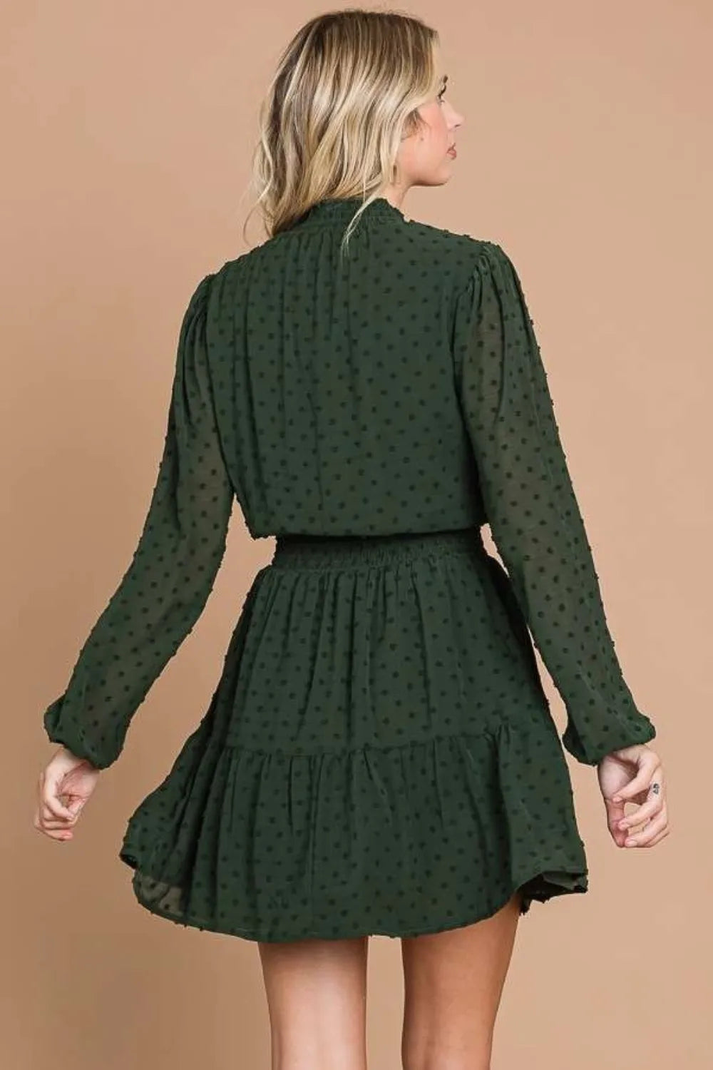 Swiss Dot Smocked Neck Mini Dress with Pockets detail Vicsxox.com