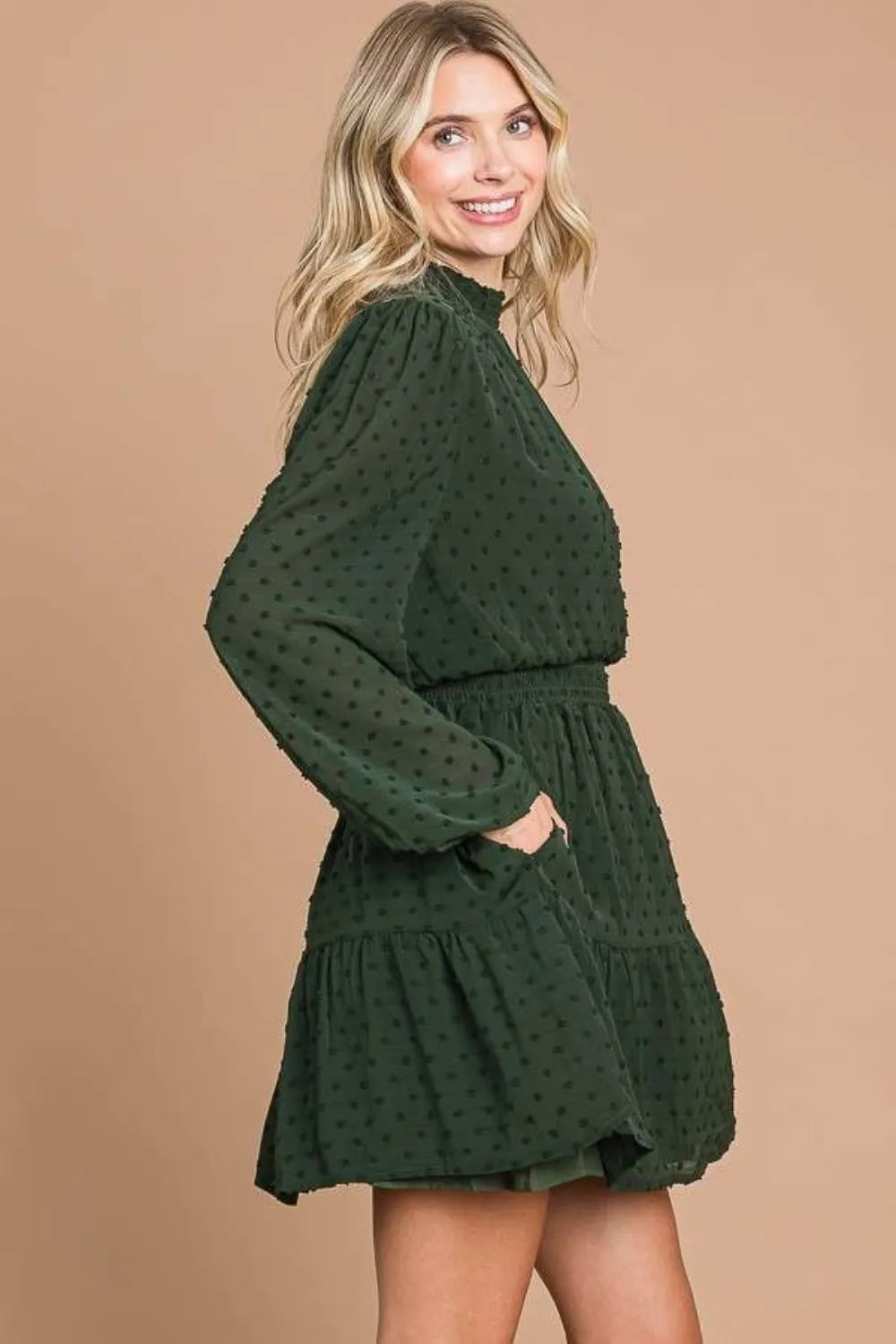Swiss Dot Smocked Neck Mini Dress with Pockets Vicsxox.com