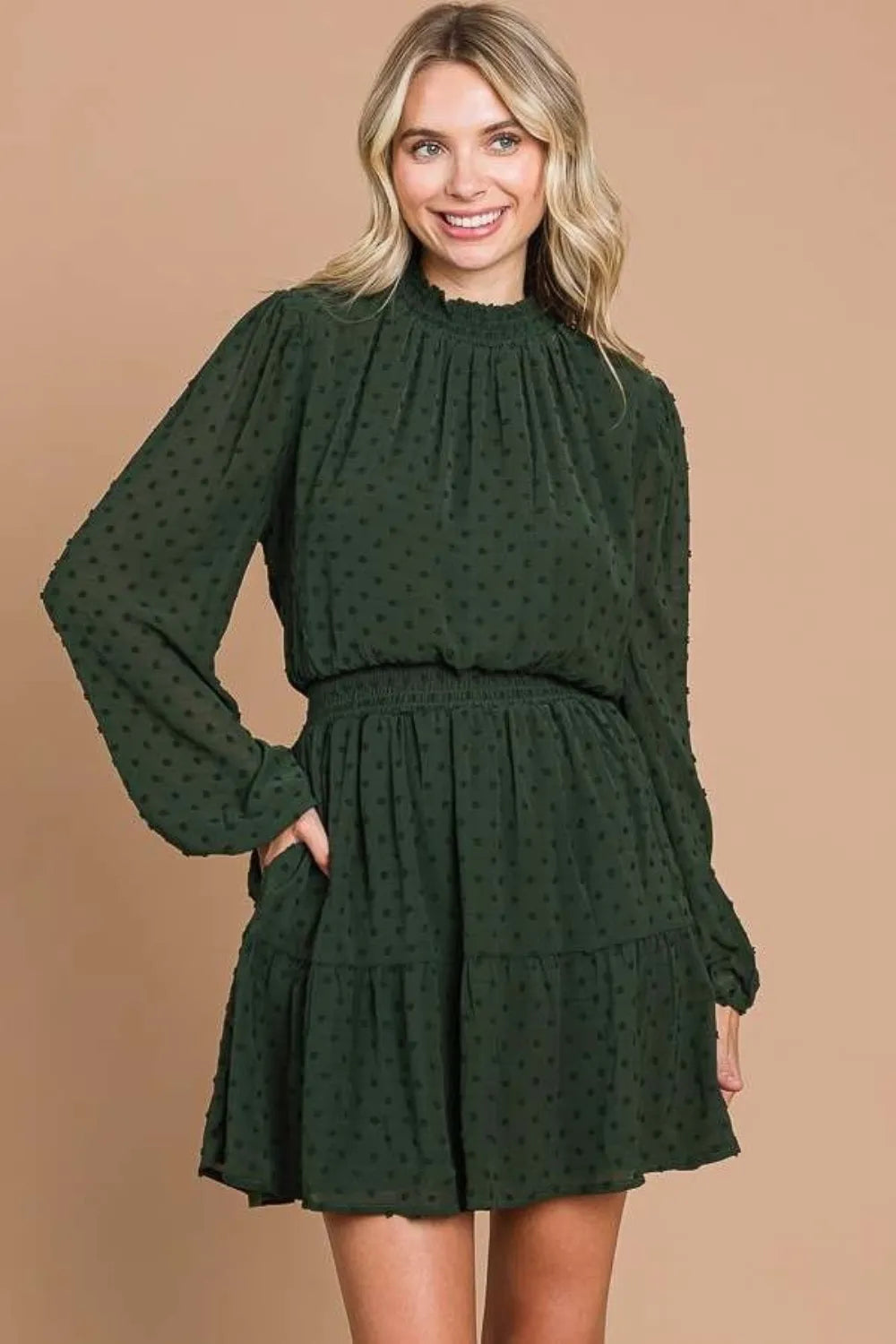 Swiss Dot Smocked Neck Mini Dress with Pockets Vicsxox.com
