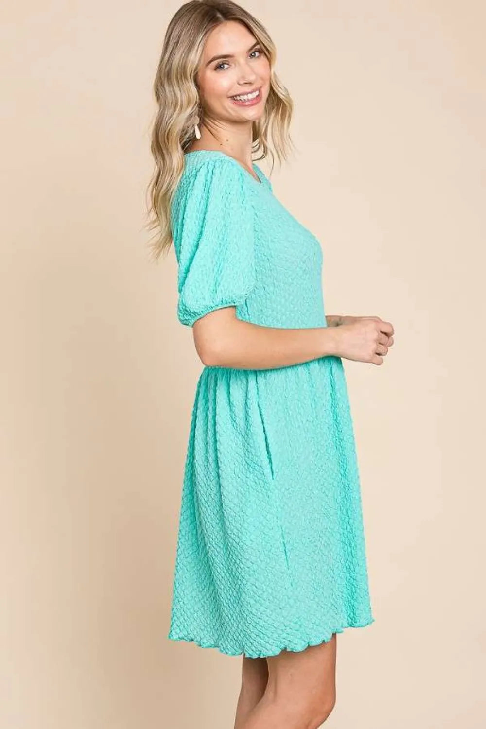 Textured Puff Sleeve Round Neck Dress Vicsxox.com