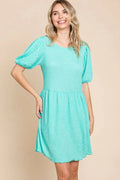 Textured round neck puff sleeve dress, front view Vicsxox.com