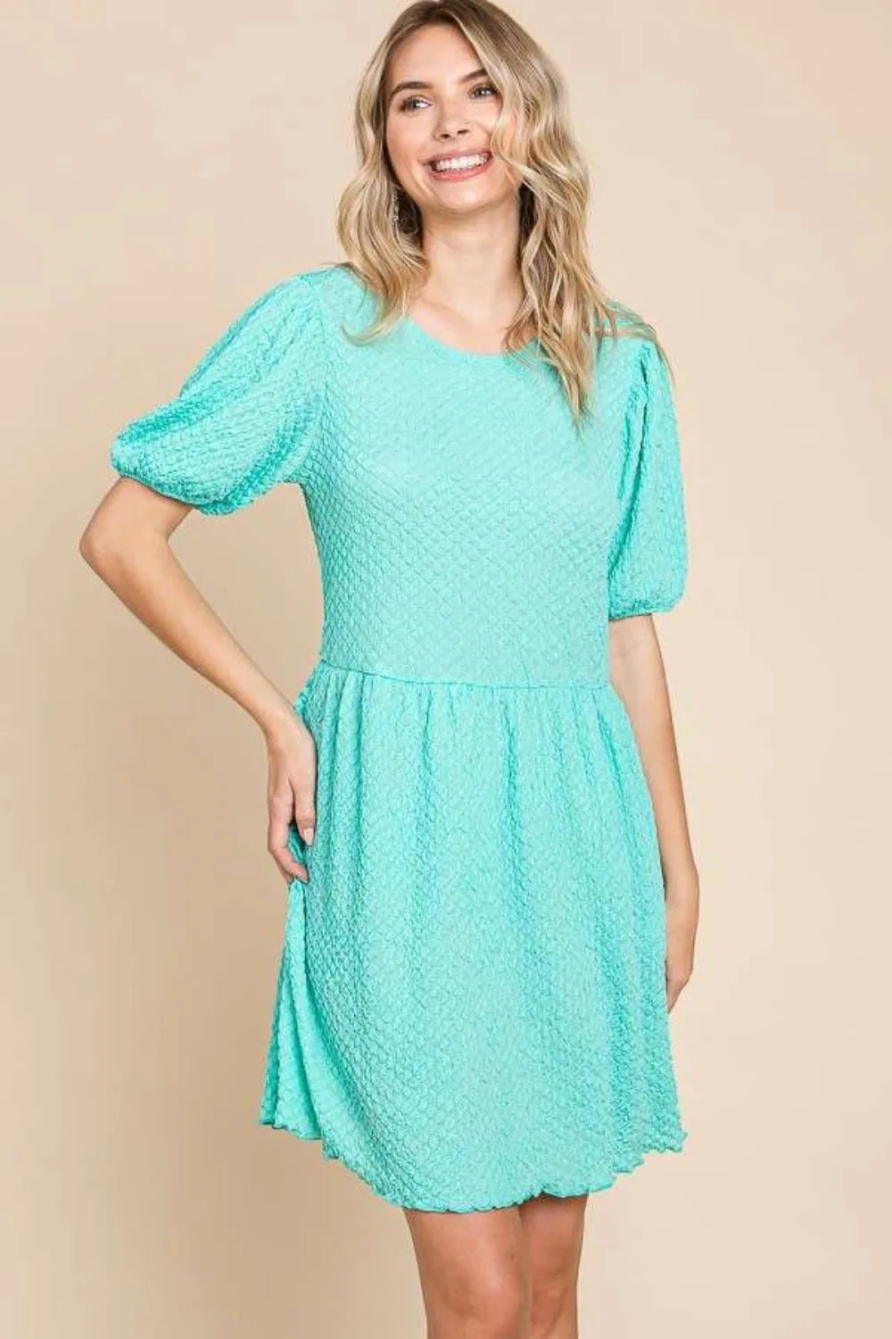 Textured round neck puff sleeve dress, front view Vicsxox.com
