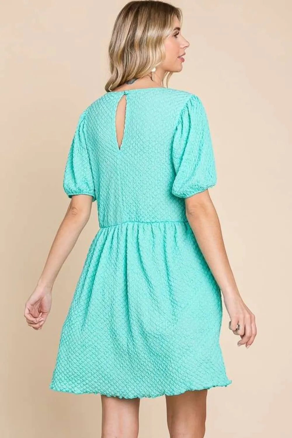 Textured Puff Sleeve Round Neck Dress Vicsxox.com