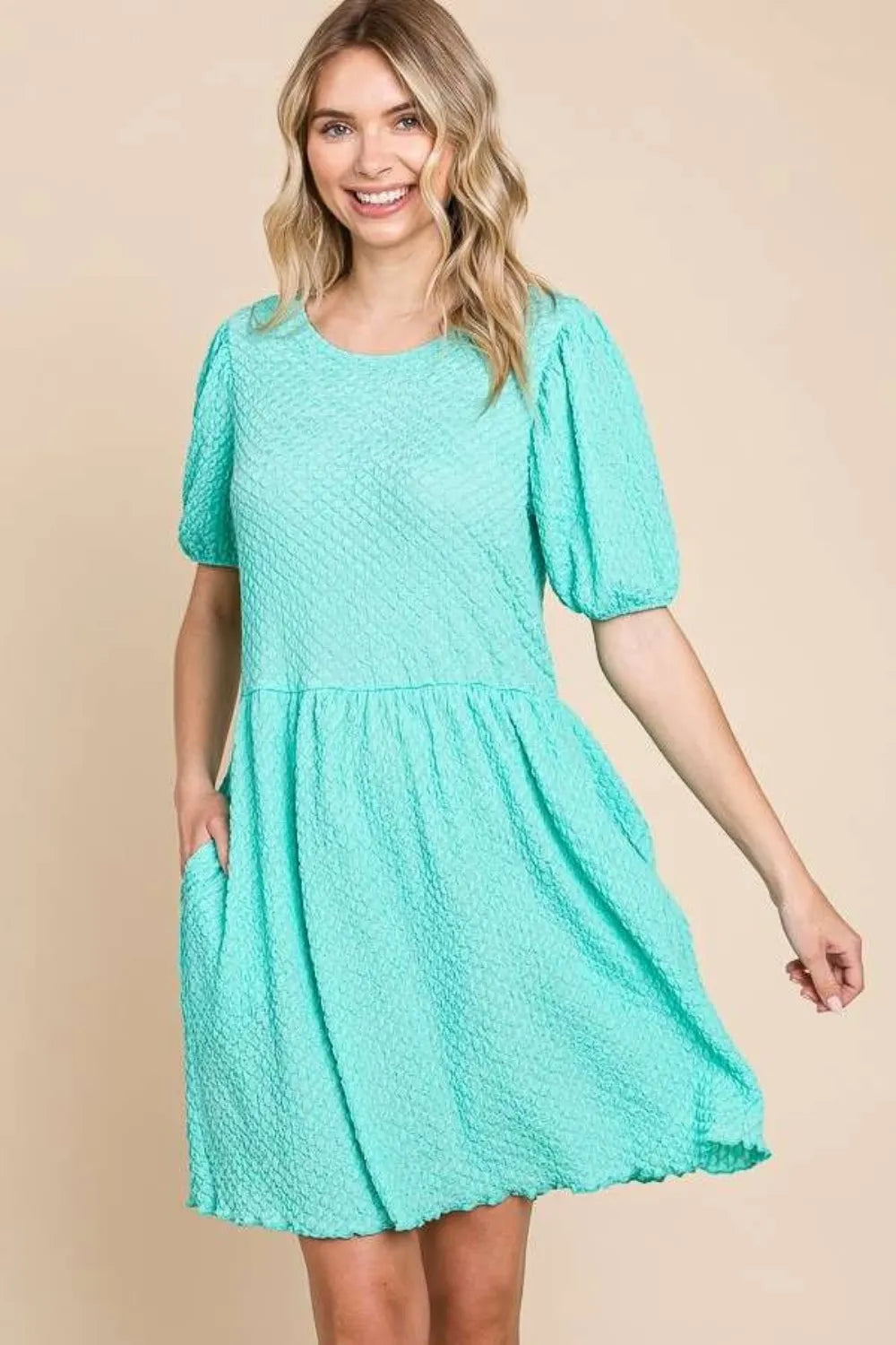Textured Puff Sleeve Round Neck Dress Vicsxox.com